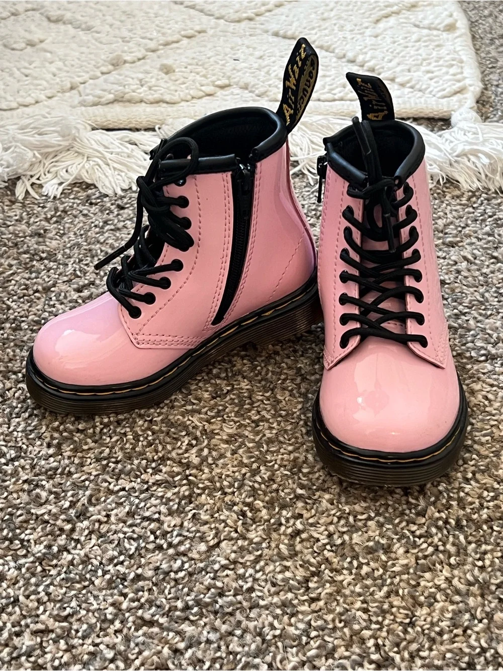 Dr. Martens Pink Patent Kids Lace-Up Boots with Black Trim
